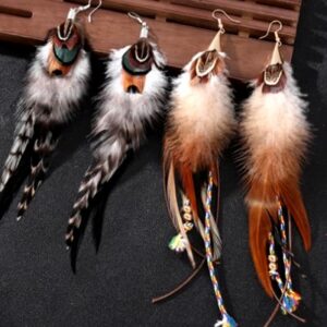 Boucles d'oreilles longues bohèmes en plumes naturelles faites à la main